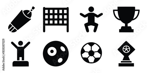 Set of solid black silhouette icons for soccer tournament, glyph style vector symbols including trophy, ball, stadium and player isolated on white background.