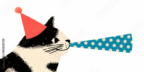 A playful black and white cat wearing a party hat and blowing a horn