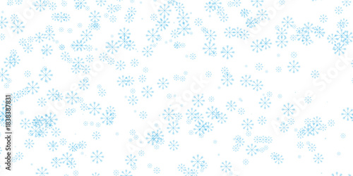 Falling blue snowflakes on a white background, winter season, abstract pattern with delicate geometric shapes of ice crystals