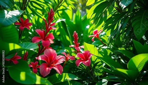 Lush green tropical foliage, vibrant flowers, sunlight dappled leaves, texture, wallpaper