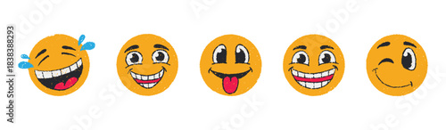 Crayon smileys showing laugh, sticking out tongue, wink. Playful doodle emoticons