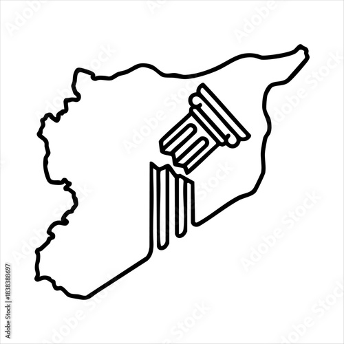 Vector drawing of the Syrian map containing an archway and an olive branch. Editable monoline logo representing peace, hope, post-war reconstruction, and reconciliation. Ideal for NGOs, charities, and