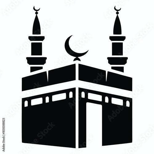 Kaaba icon silhouette with crescent moon and minarets, symbol of islam and hajj pilgrimage in mecca, black and white graphic
