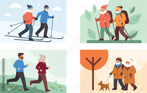 A collection of four scenes illustrating active and healthy seniors engaging in outdoor recreation, including cross-country skiing, hiking, running, and walking a dog.