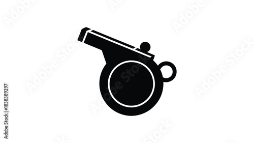 Black silhouette of a classic sports referee whistle on a clean white background