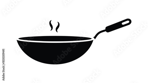 Simple black silhouette of a wok with steam rising indicating hot food