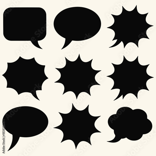 Set of nine black speech bubbles and comic book style explosion shapes for dialogue and text