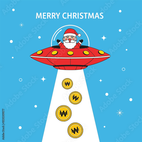 Santa flying a red christmas UFO that beams down golden won coins in a playful, modern and humorous festive illustration