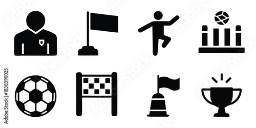 Set of solid black silhouette icons for soccer tournament, glyph style vector symbols including trophy, ball, stadium and player isolated on white background.