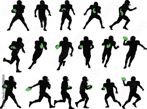 American football player icon set, black silhouette action poses with green ball for sports design, cad drawing flat vector illustration