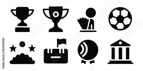 Set of solid black silhouette icons for soccer tournament, glyph style vector symbols including trophy, ball, stadium and player isolated on white background.