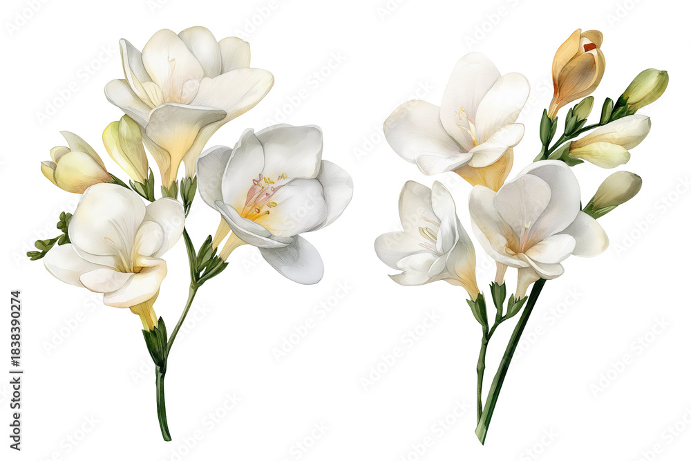 Obraz premium White Freesia Flowers Hand Drawn Watercolor Flowers Illustration