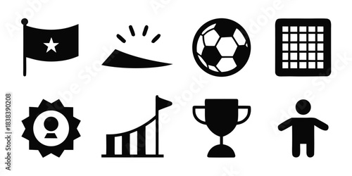 Set of solid black silhouette icons for soccer tournament, glyph style vector symbols including trophy, ball, stadium and player isolated on white background.