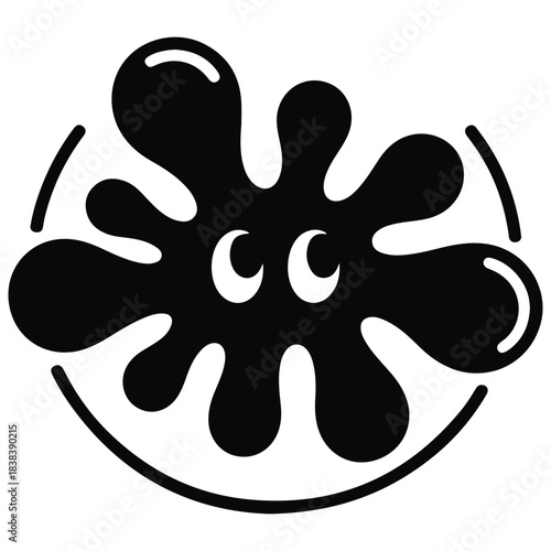 Black ink splash with cute eyes and surrounding arc design, stylized graphic, isolated on white background