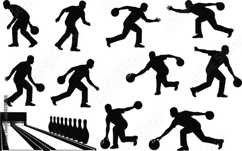 Bowling player icon set, black silhouette figures with ball and alley elements in action poses, cad drawing flat vector illustration