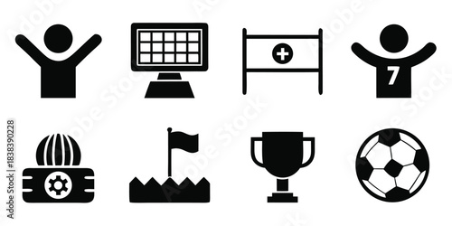 Set of solid black silhouette icons for soccer tournament, glyph style vector symbols including trophy, ball, stadium and player isolated on white background.