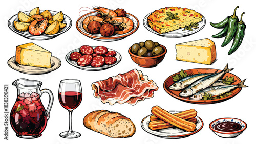 Tapas food and drink assortment. Traditional Spanish cuisine. Variety of dishes on white background. Vector illustration of meal. Cheese, bread,