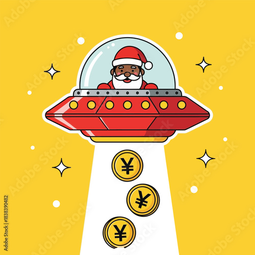 A cheerful Santa in a red flying saucer beaming down golden yen coins in a bold, retro-futuristic christmas illustration
