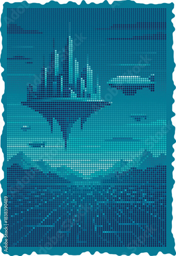 Futuristic Floating City Airship Postage Stamp Vector Illustration Blue Halftone Dot Matrix Style Sci-Fi Travel Landscape Geometric Mosaic Pattern Digital Graphic Background