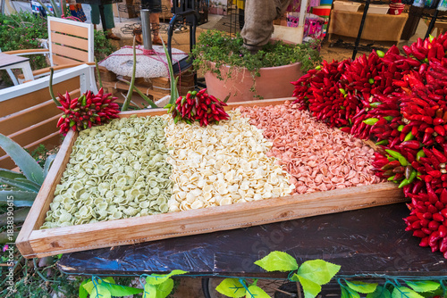Handmade pasta Orechhiette in the old town of Bari in Puglia in Italy