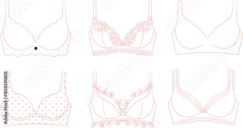 Elegant women’s lingerie bra vector illustration set featuring lace, floral, dotted, and scalloped designs with detailed fashion outlines for apparel design.