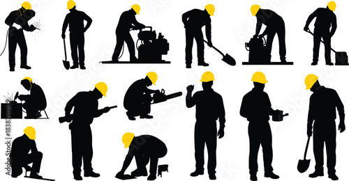 Construction worker icon set, black silhouette figures with yellow hard hats performing various site tasks, cad drawing flat vector illustration
