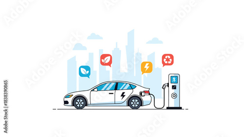 Flat illustration of a modern electric car charging at a station in a smart eco city. Perfect for topics about future mobility, green energy, and modern clean transportation