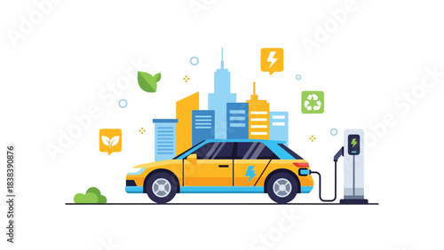 Flat illustration of a modern electric car charging at a station in a smart eco city. Perfect for topics about future mobility, green energy, and modern clean transportation