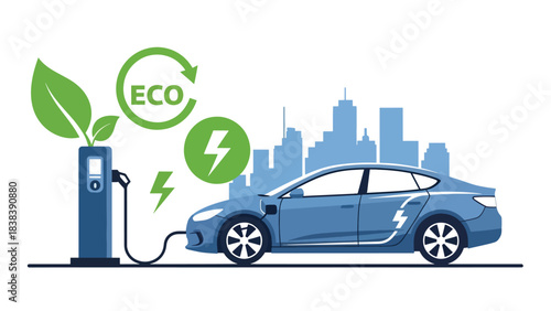 Flat illustration of a modern electric car charging at a station in a smart eco city. Perfect for topics about future mobility, green energy, and modern clean transportation