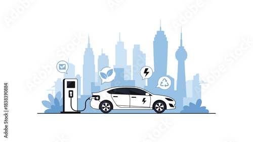 Flat illustration of a modern electric car charging at a station in a smart eco city. Perfect for topics about future mobility, green energy, and modern clean transportation