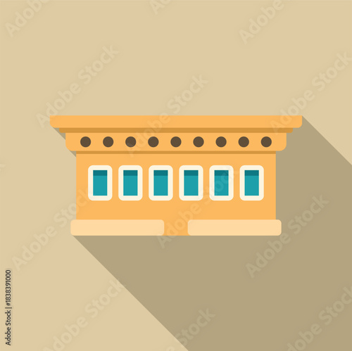 Building facade with windows and decorative elements in a flat design style, casting a long shadow