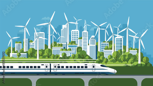 Modern flat illustration of a high-speed bullet train passing through a smart eco city. Great for travel, railway systems, future transport, and fast mobility concepts