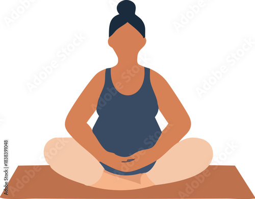 A pregnant woman sits cross-legged on a yoga mat, gently holding her belly in a calm meditative posture.