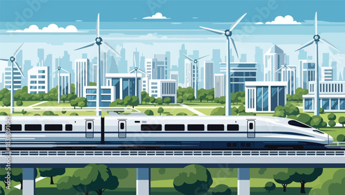 Modern flat illustration of a high-speed bullet train passing through a smart eco city. Great for travel, railway systems, future transport, and fast mobility concepts