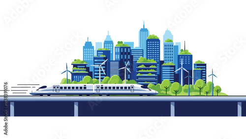 Modern flat illustration of a high-speed bullet train passing through a smart eco city. Great for travel, railway systems, future transport, and fast mobility concepts