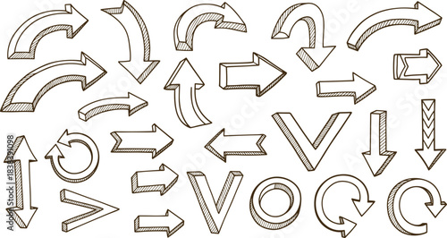 Hand-drawn arrow icon set, sketch-style directional symbols in various shapes and angles, cad drawing flat vector illustration