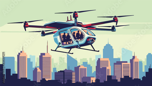 Flat vector illustration of futuristic drone taxi flying above buildings. Ideal for urban future mobility, smart air travel, and modern transport innovation themes