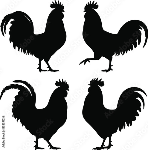 Four black rooster silhouettes in different poses