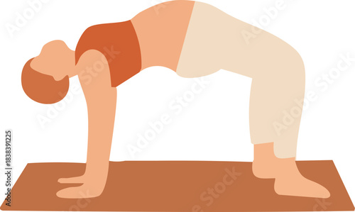 A pregnant woman performs a supported backbend on a yoga mat, lifting her hips and balancing on her hands and feet in a strength-building pose.