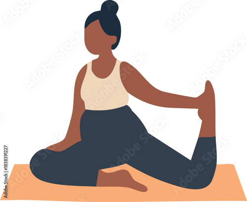 A pregnant woman sits on a yoga mat in a side-stretch pose, holding one foot behind her while gently twisting her upper body.