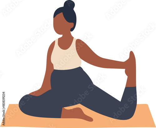 A pregnant woman sits on a yoga mat in a side-stretch pose, holding one foot behind her while gently twisting her upper body.
