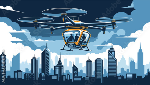 Flat vector illustration of futuristic drone taxi flying above buildings. Ideal for urban future mobility, smart air travel, and modern transport innovation themes