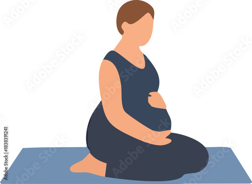 A simple flat-style illustration shows a pregnant woman kneeling with her hands placed gently on her belly.