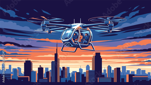 Flat vector illustration of futuristic drone taxi flying above buildings. Ideal for urban future mobility, smart air travel, and modern transport innovation themes