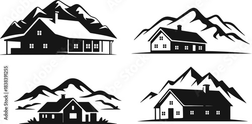 Four different black and white vector logos of houses in the mountains, cabin, chalet, lodge, nature, landscape, rustic, outdoor, travel, adventure, silhouette, emblem, badge, icon, design element