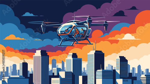 Flat vector illustration of futuristic drone taxi flying above buildings. Ideal for urban future mobility, smart air travel, and modern transport innovation themes