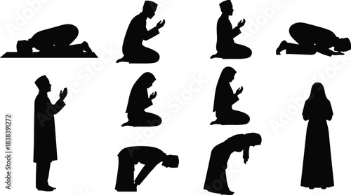 Islamic prayer icon set, black silhouette figures in various Salah postures for worship design, cad drawing flat vector illustration