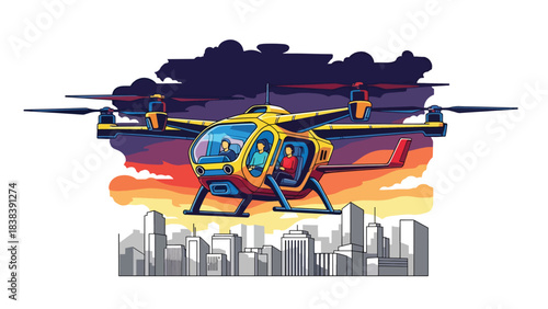 Flat vector illustration of futuristic drone taxi flying above buildings. Ideal for urban future mobility, smart air travel, and modern transport innovation themes