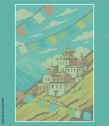 Rhinestone Halftone Template Tibetan Monastery Hillside Scene Prayer Flags Vector Illustration Dot Art Pattern Hotfix Transfer Motif Digital Download Shirt Decor Print