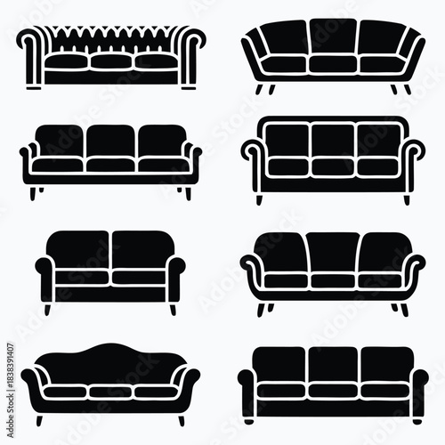 Eight different types of sofas in black silhouette on white background